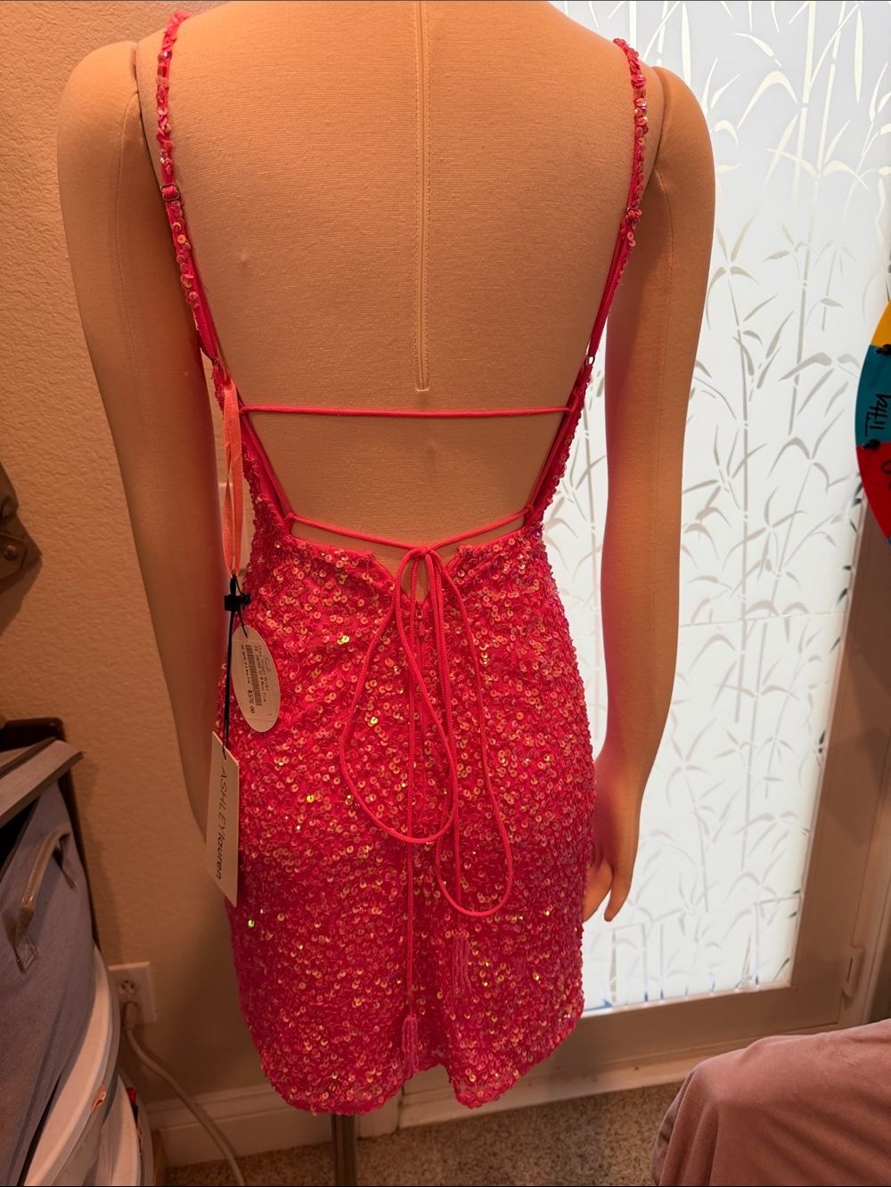 Ashley Lauren Hot Pink Sequin V-Neck Mini Dress - Picture 3 of 3